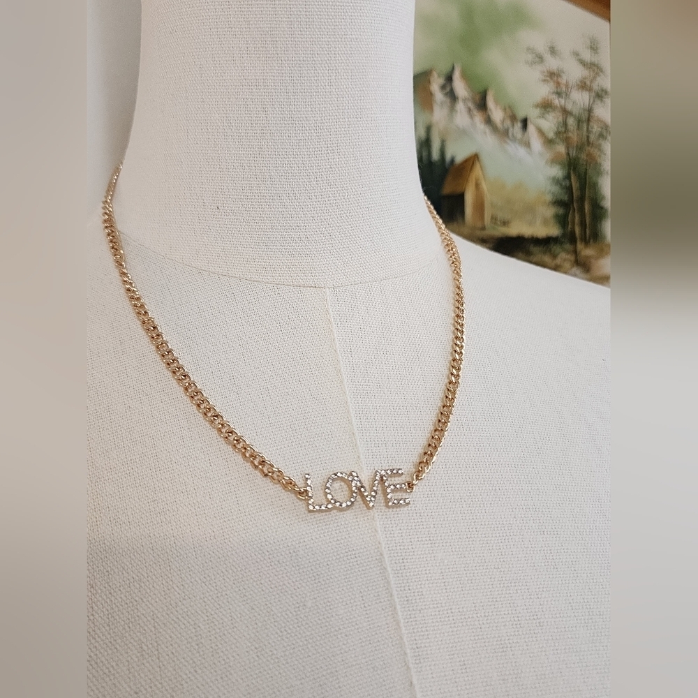 Gold Tone LOVE Pendant Necklace Minimalist Layering Chain - Picture 3 of 6